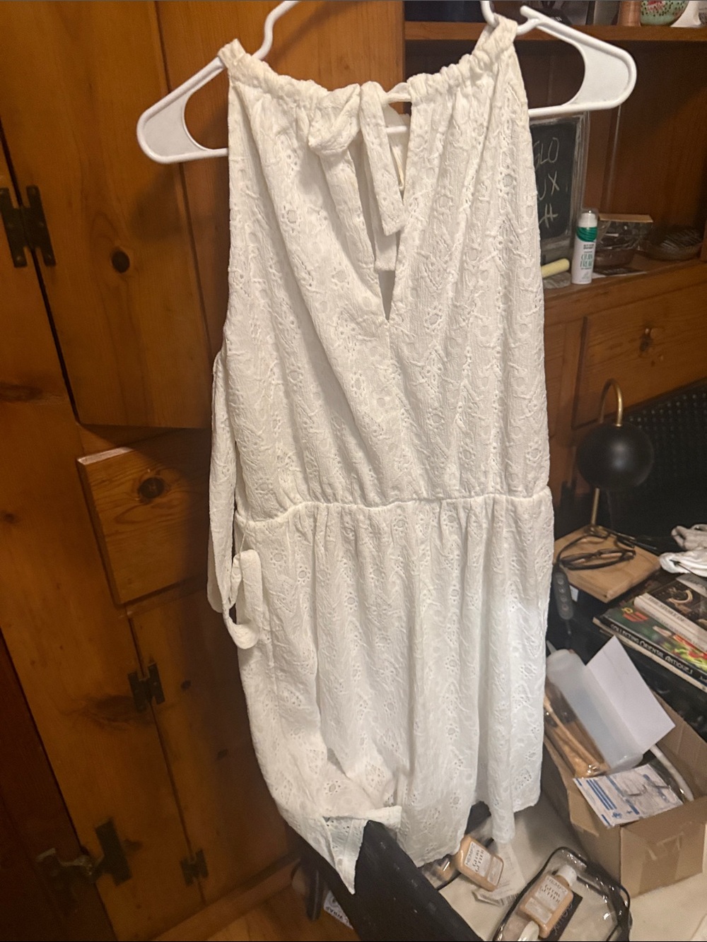 White Eyelet Halter Tie Mini Dress - Classic Summer Style